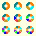 Circle chart set. Round pie chart template. Circle infographic concept with 2,3,4,5,6,7,8,9,10 steps, parts, levels or options. Co